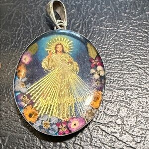 Sterling Silver gold and Blue Religious Pendant (Mexico 925) Divine Mercy image